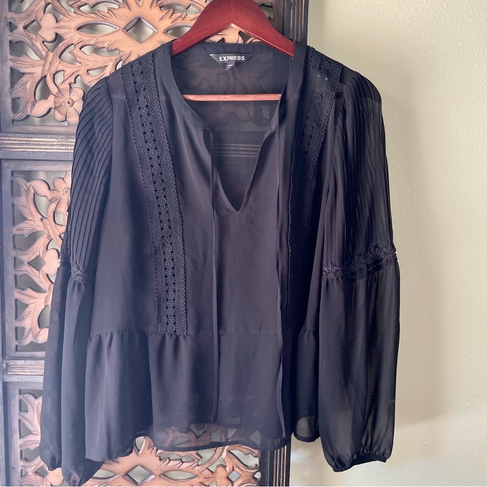 EXPRESS Women’s Sheer Black Peasant Blouse Lots of Accents Size L